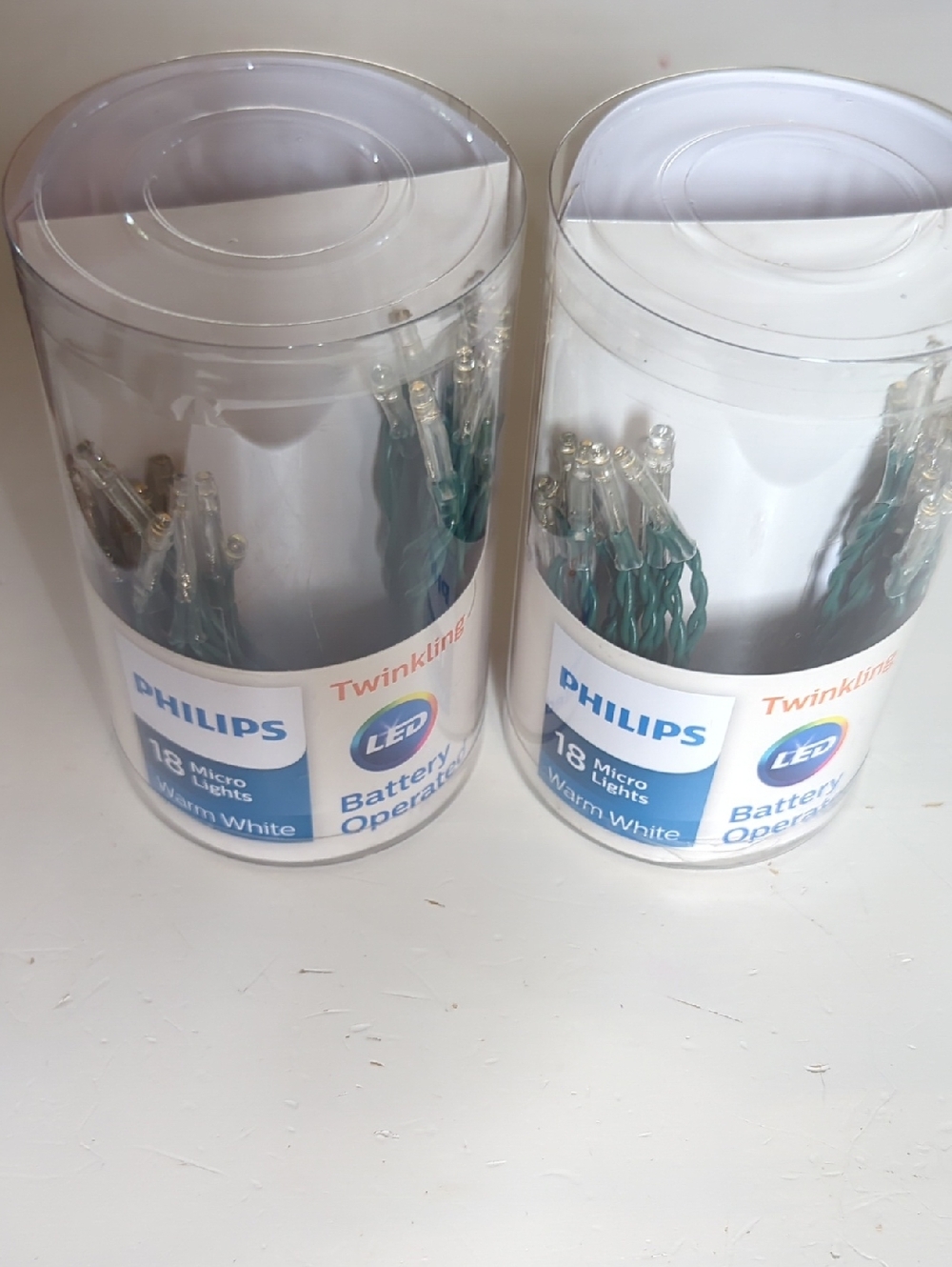New Philips LED Micro String Lights in Warm White with Green Wire Set Of Two